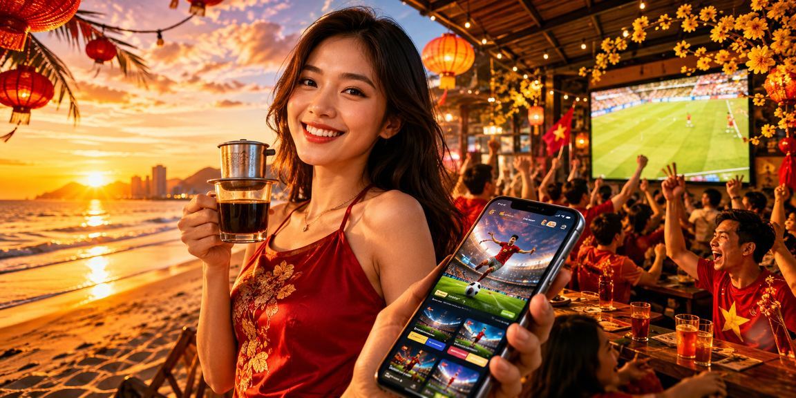 Người dùng Đà Nẵng xem kèo bóng đá trên điện thoại tại quán cà phê